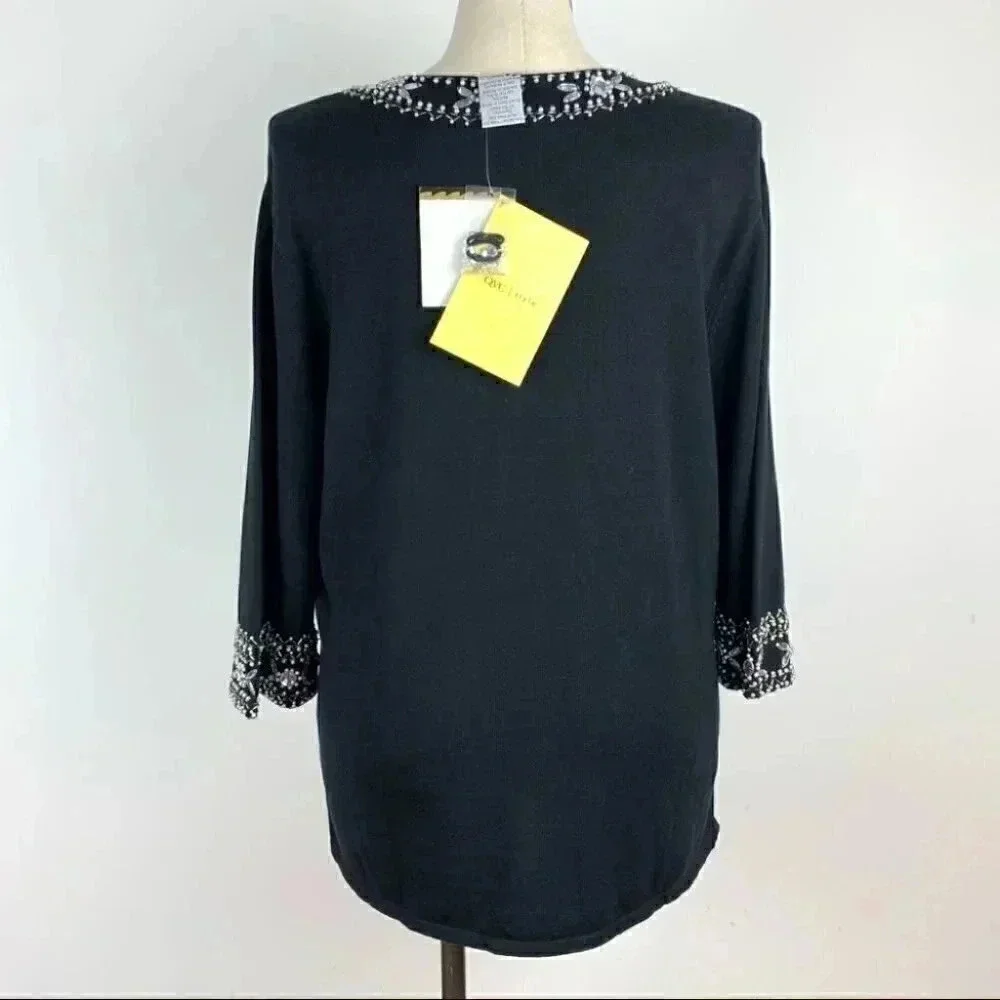 New Bob Mackie womens wearable art knit sweater size XL black beaded